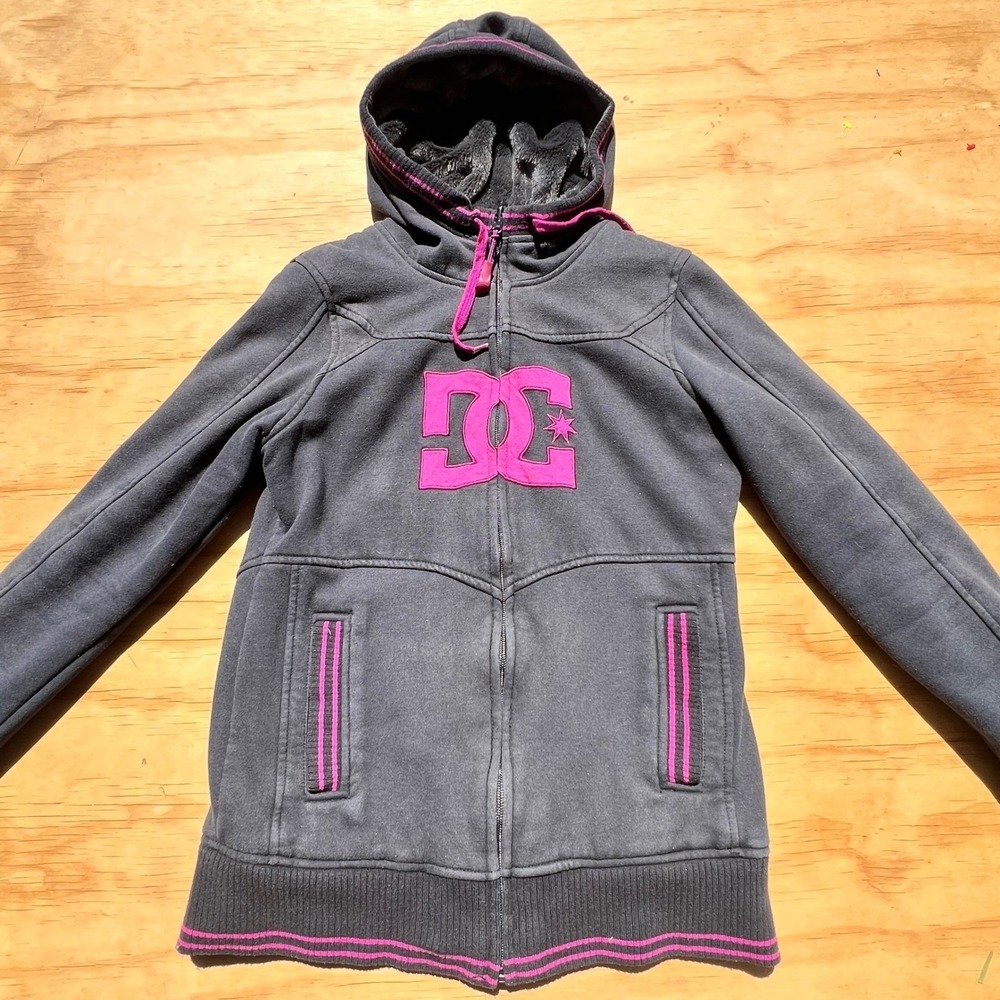 DC Shoes Sherpa Fur Lined Full Zip Hoodie Charcoal Gray Pink Logo Y2K Skate M